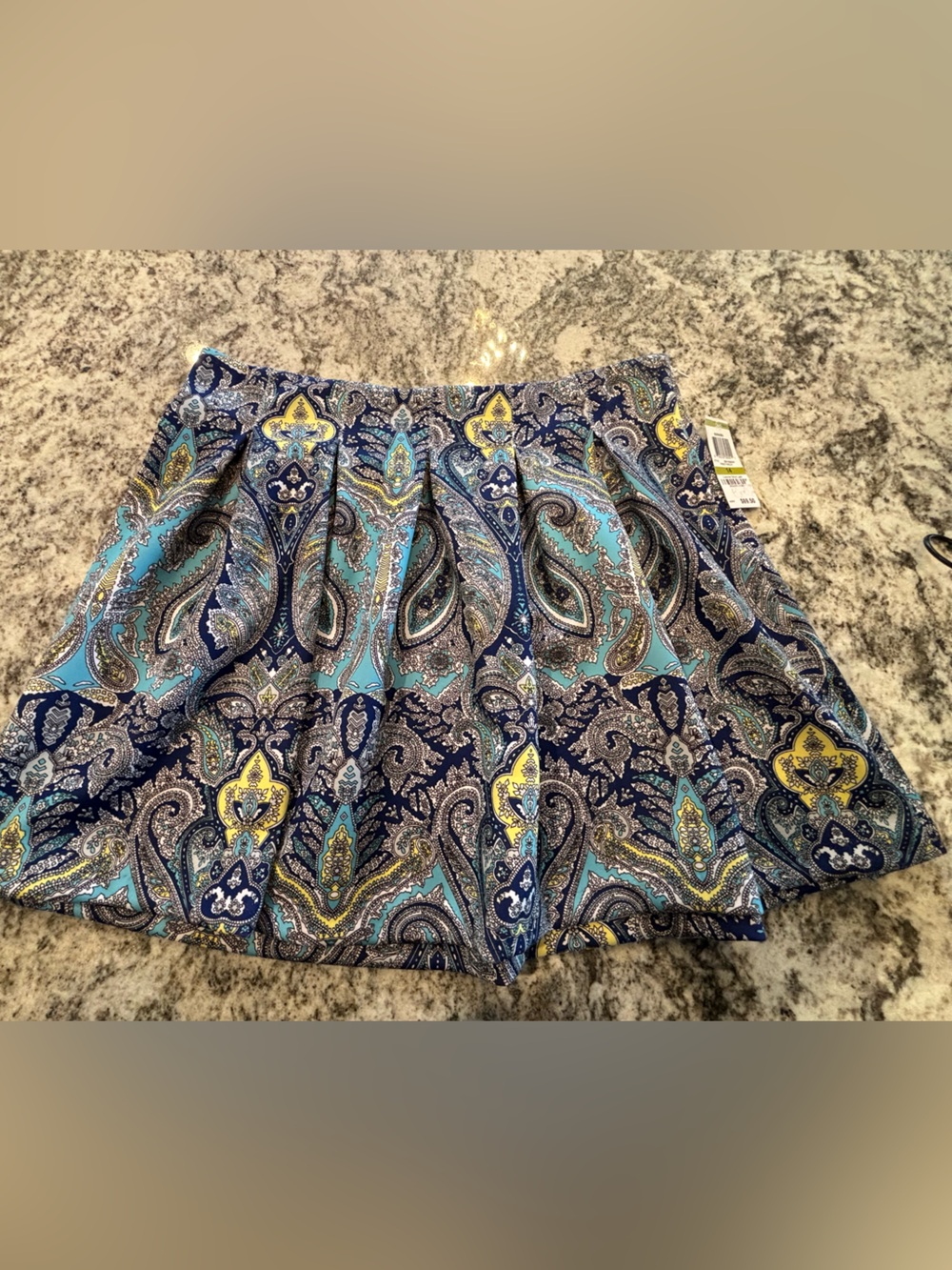 NWT INC Women’s International Concepts Blue Teal Paisley Pleated A-Line Skirt 14